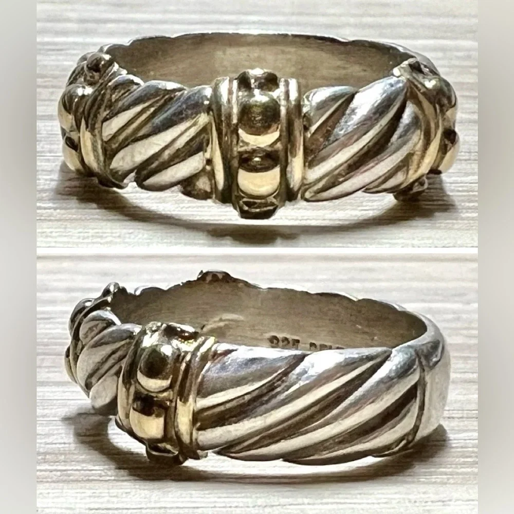 Designer Signed Sterling Silver & 10K Yellow Gold Dotted Cable Ring, Size 6.5